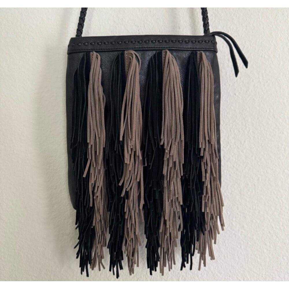 NEW Sam Edelman Bag Jane Black Brown Fringes Boho Leather Crossbody Shoulder